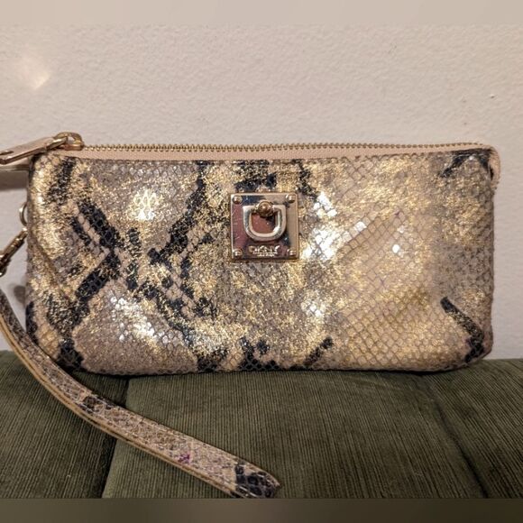 DKNY Donna Karan Genuine Suede Leather Snakeskin embossed Wristlet Wallet Clutch - Picture 1 of 12